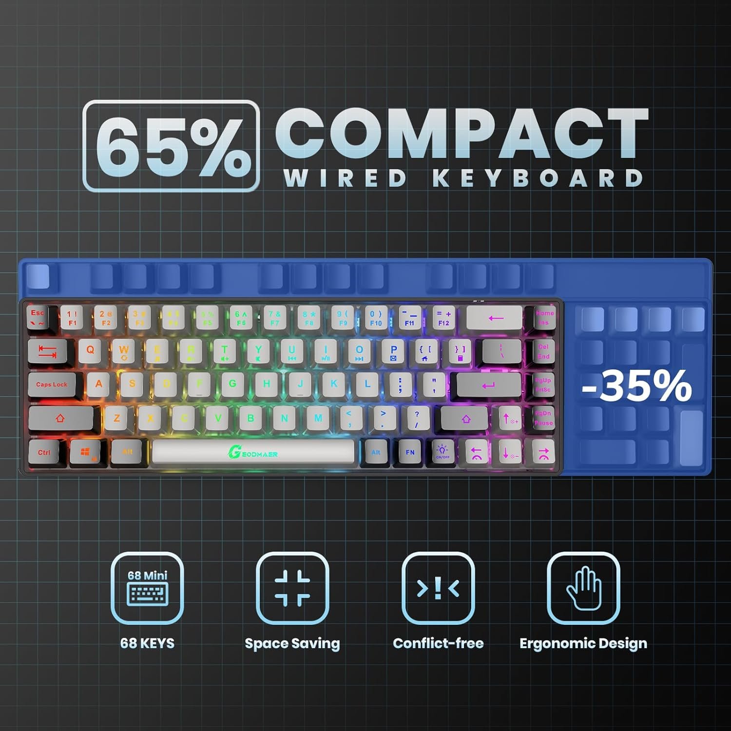 65% Wired Backlit Mini Gaming Keyboard 68 Keys Anti Ghosting Conflict Free