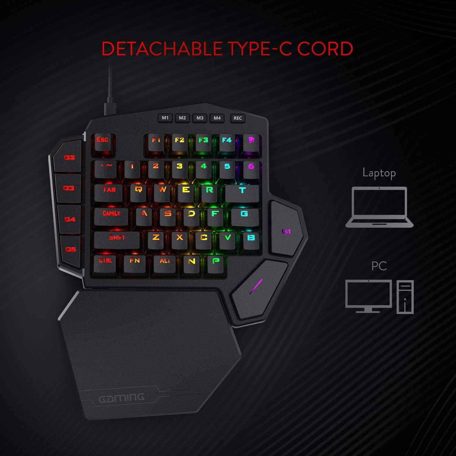 Wired One-Handed RGB Mechanical Gaming Keyboard, 42 Keys Type-C Hot-Swappable Detachable Wrist Rest