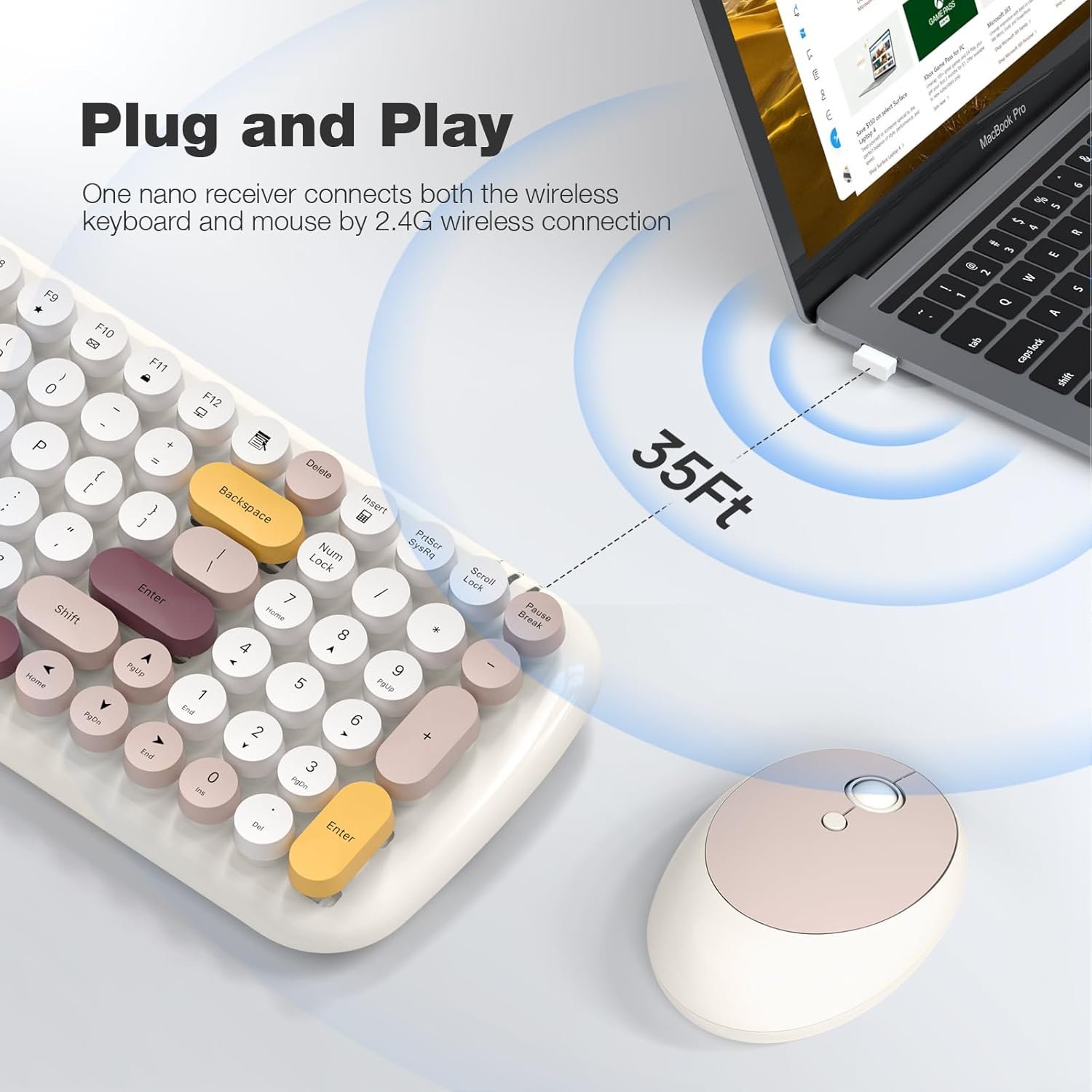 100 Keys Wireless Keyboard and Mouse Combo 2.4 GHz Round Keycap Typewriter Keyboard