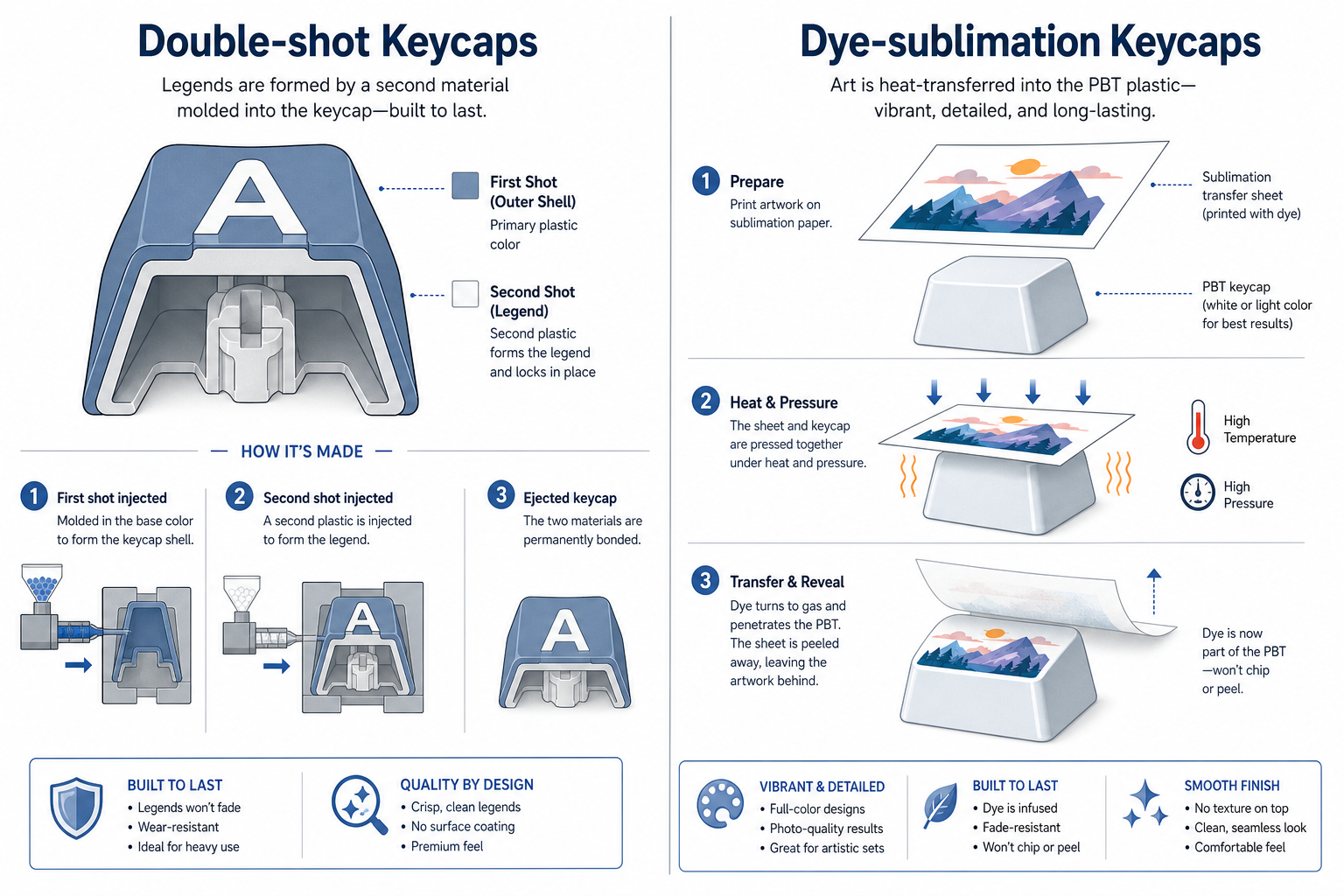 Infographic comparing double-shot keycaps and dye-sublimation keycaps for B2B keycap manufacturing decisions.