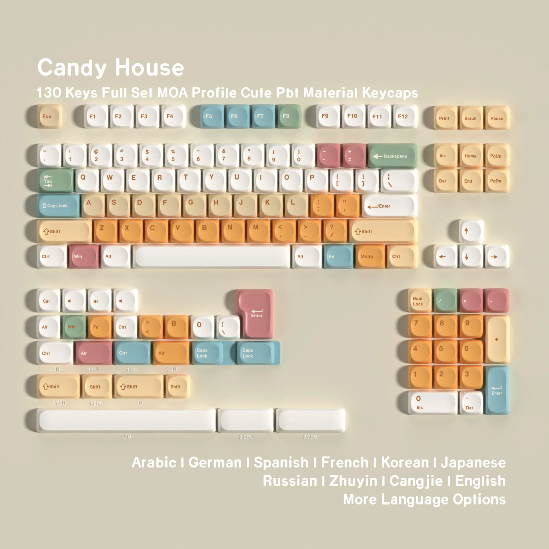 PBT Keycaps, Candy House Style, Multilingual, Hot Swap, 7U Spacebar