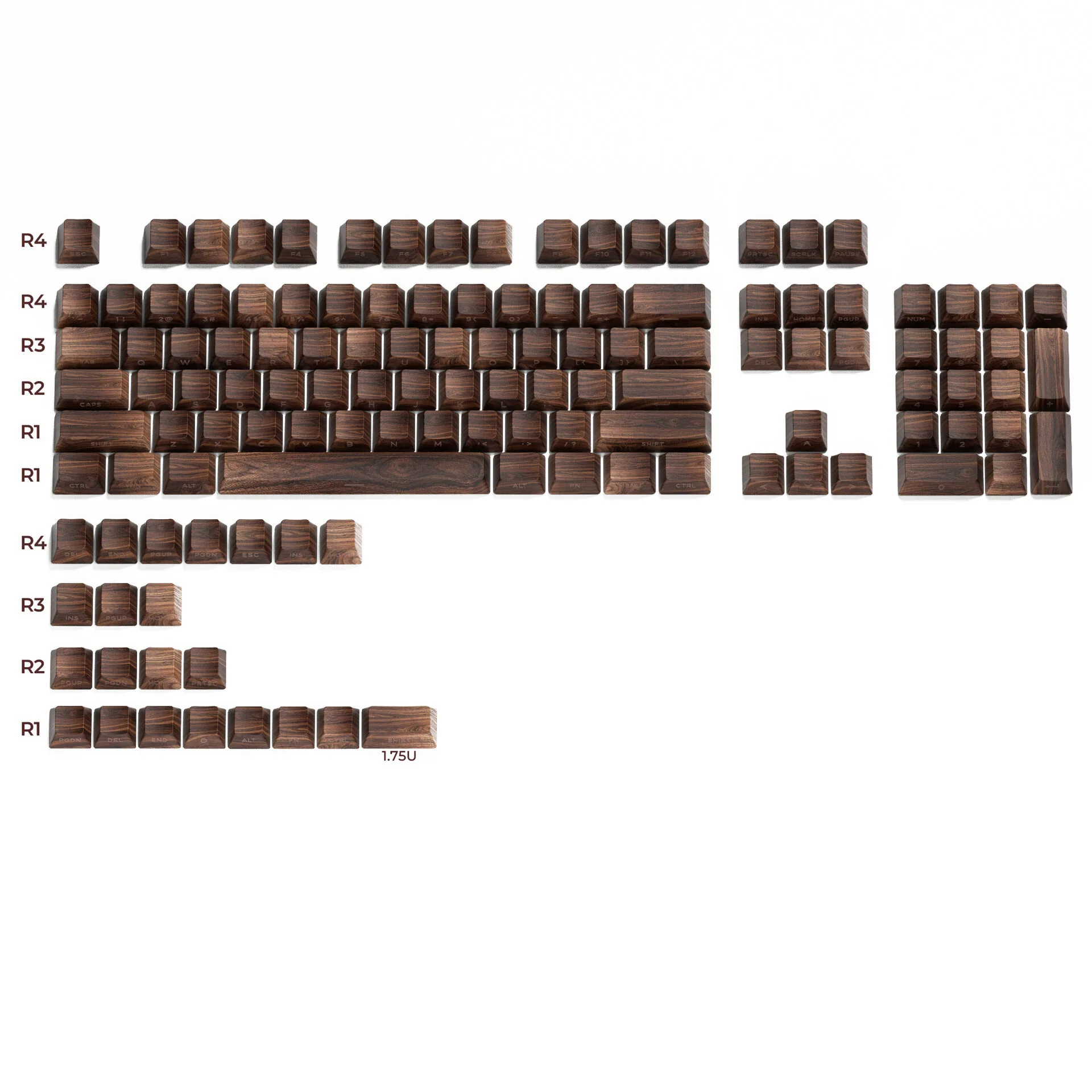 Walnut Wood Grain PBT Keycaps with Side Printing – 136 Key Set