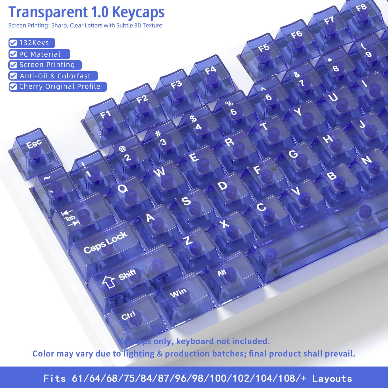 PC Mechanical Keyboard Keycaps – 132 Key Transparent Set for DIY