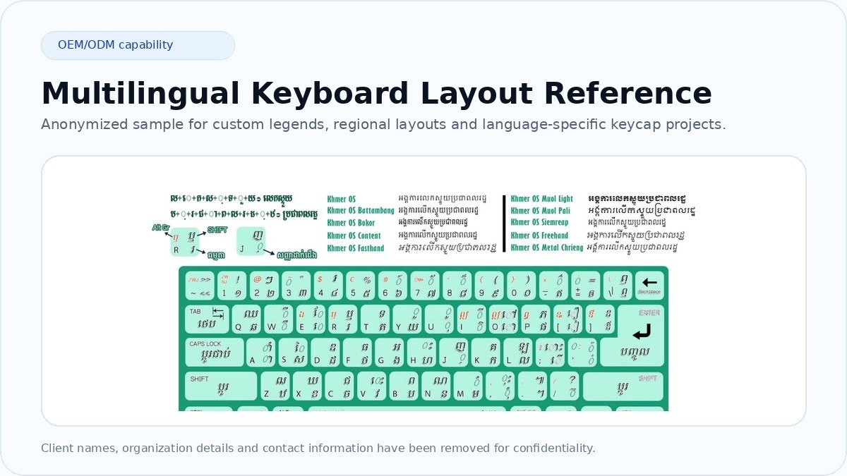 Anonymized multilingual keyboard layout reference for OEM ODM custom keycap projects